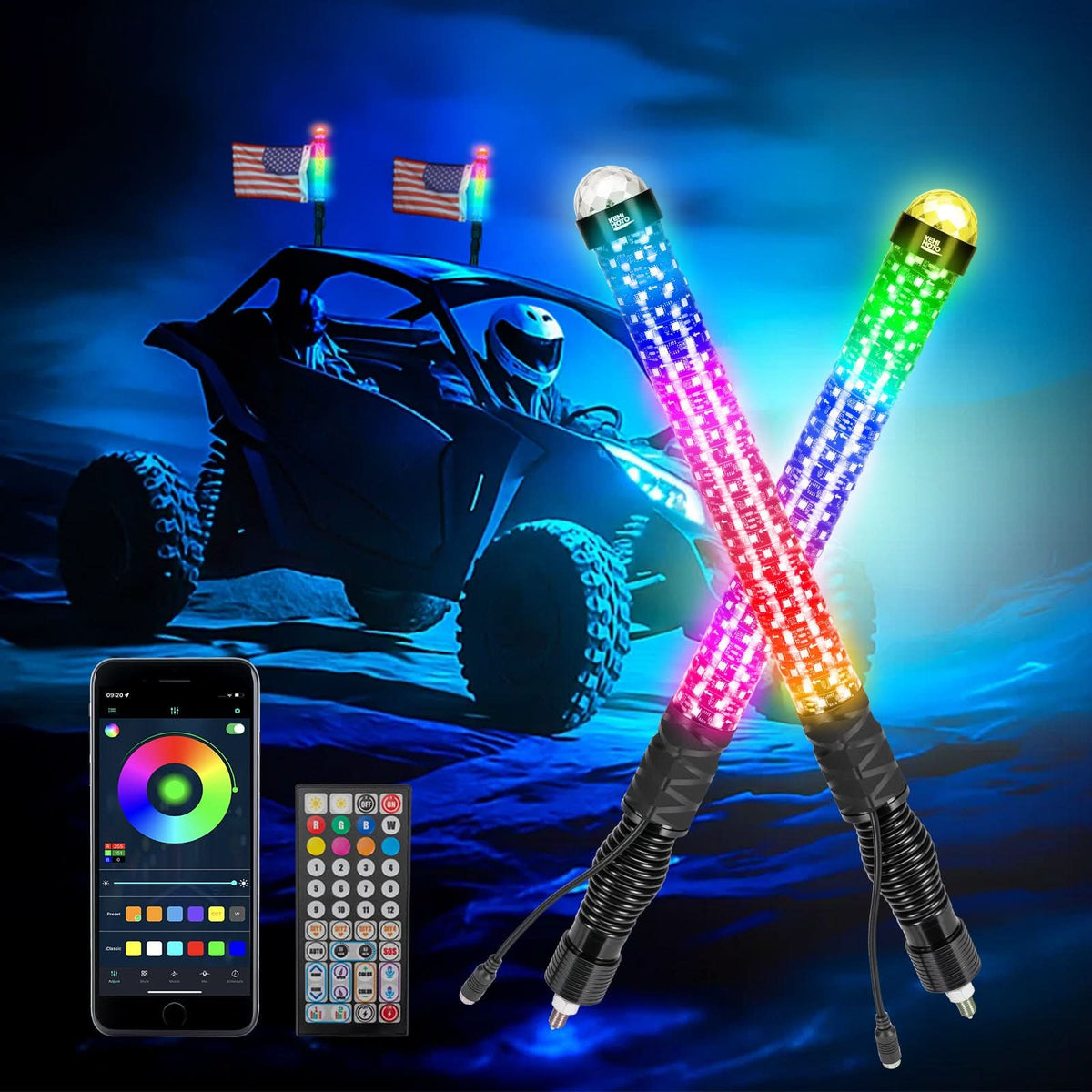 KEMIMOTO 2-foot RGB LED whip lights pair