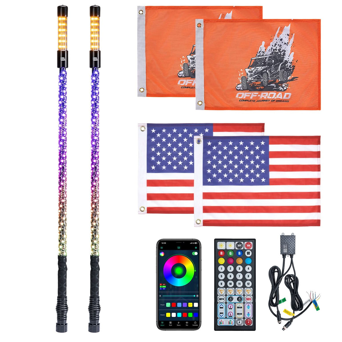 3FT LED Whip Lights 2PCS with Strobe & SOS Modes, Bluetooth App Control for Polaris RZR & Can-Am X3