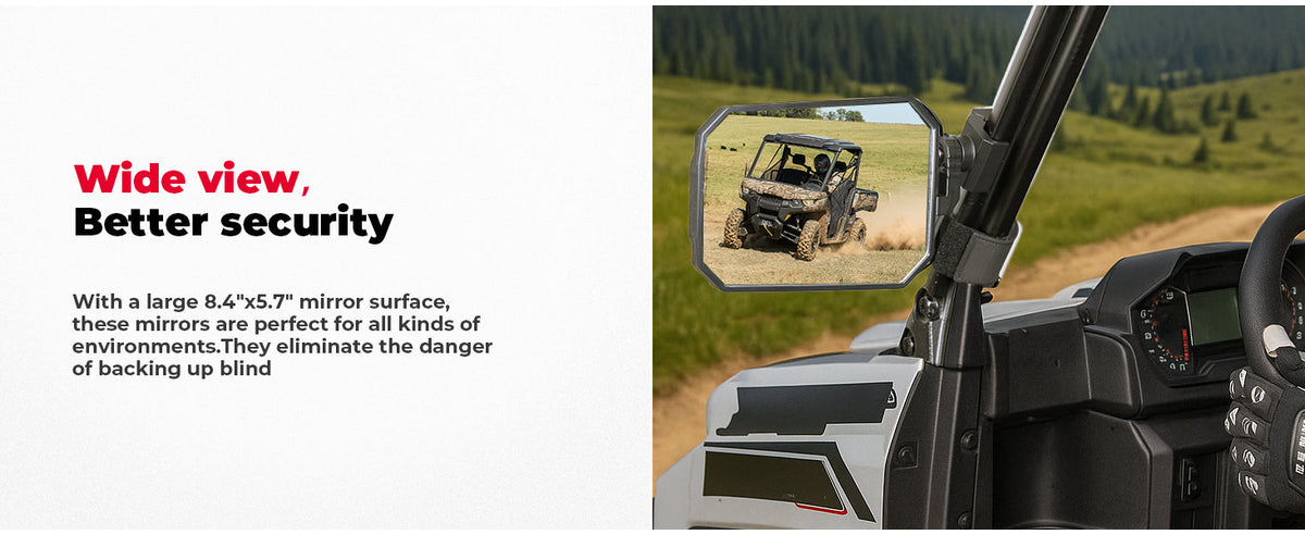 UTV Side Mirrors 2025 NEW Billet Aluminum 8.4" x 5.7" Wide View for Polaris Ranger/General Can Am Defender/Com — manufacturer image 3