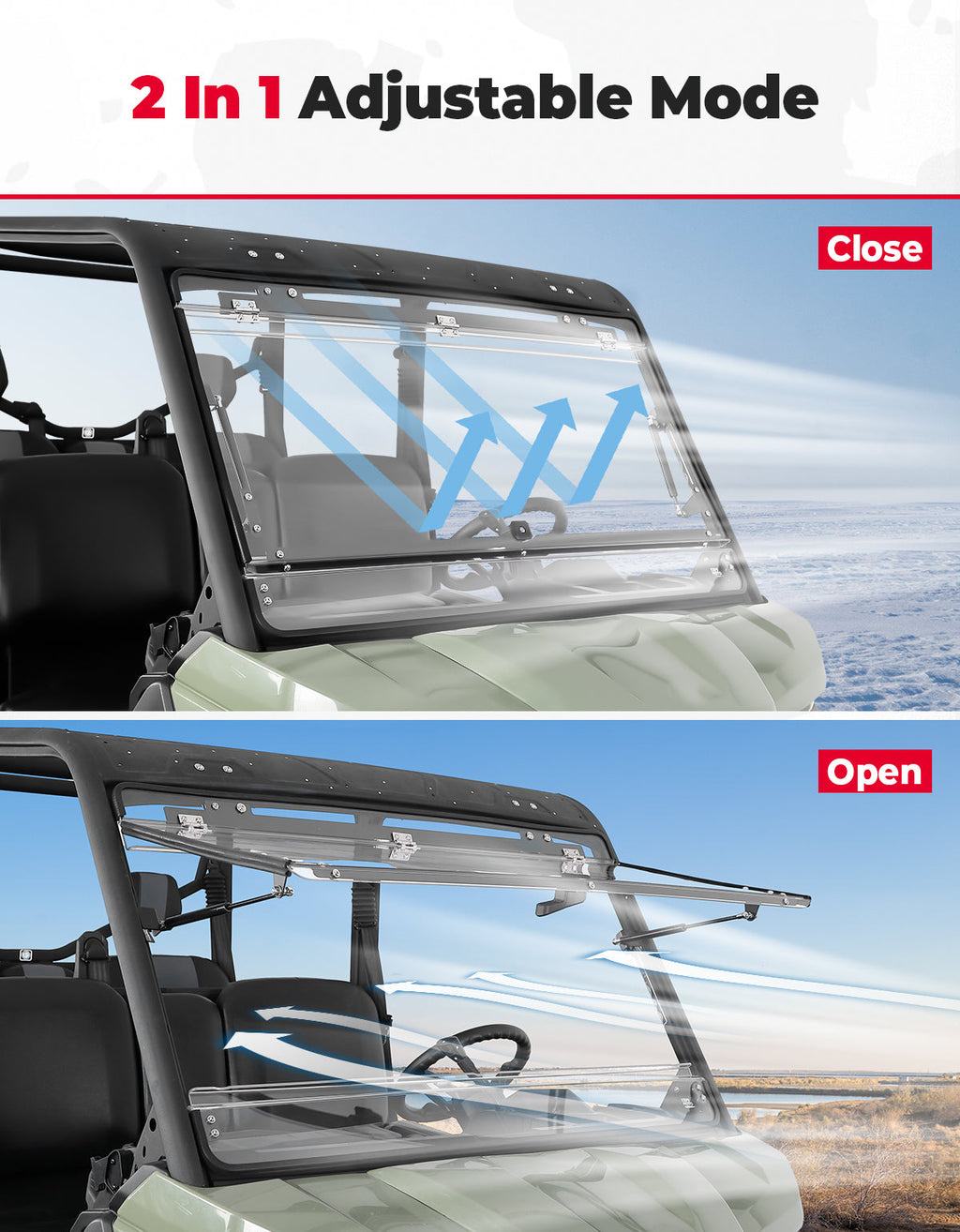 2-in-1 Flip Windshield 1/5" Thick Polycarbonate for Can-Am Defender HD5/8/10