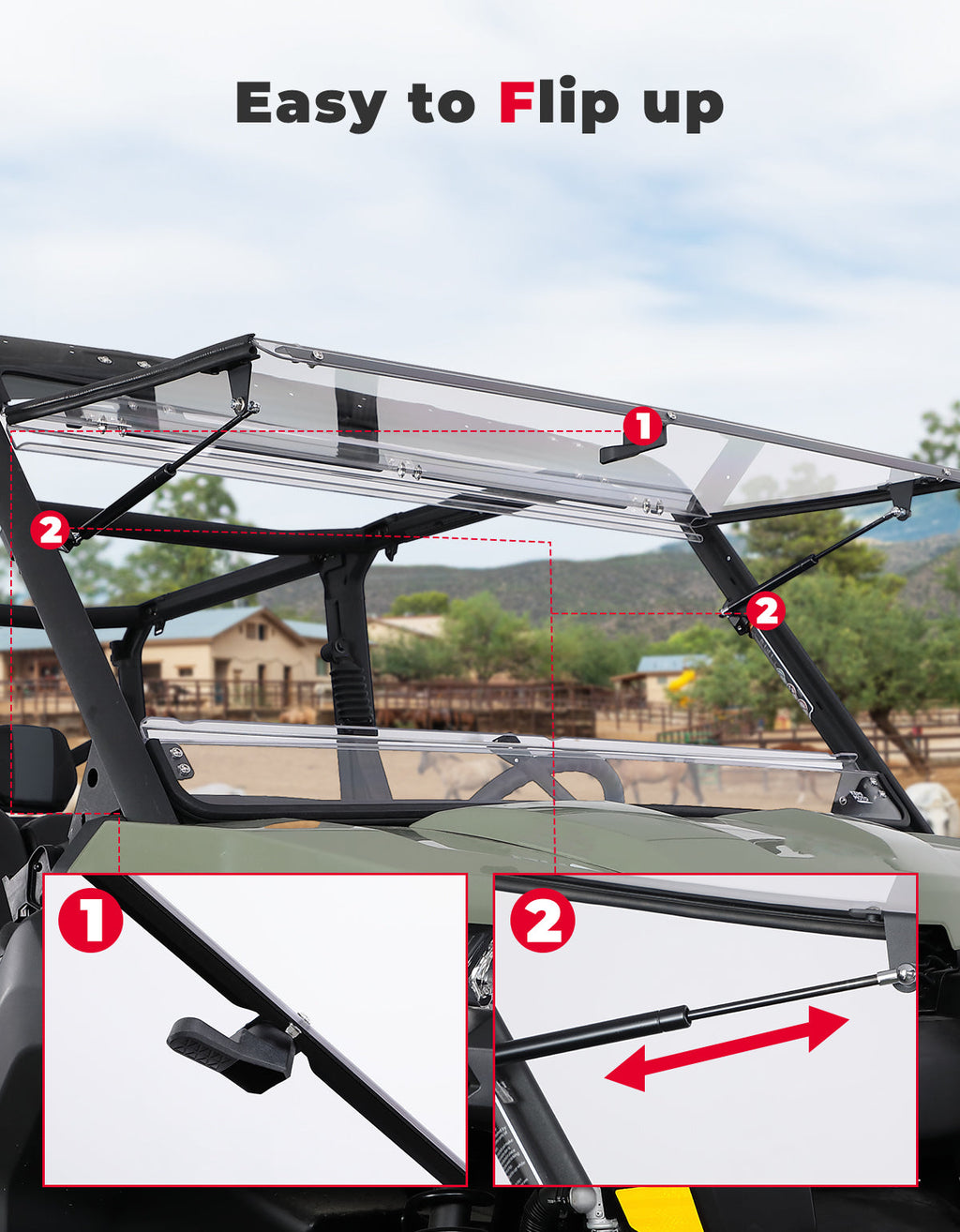 2-in-1 Flip Windshield 1/5" Thick Polycarbonate for Can-Am Defender HD5/8/10