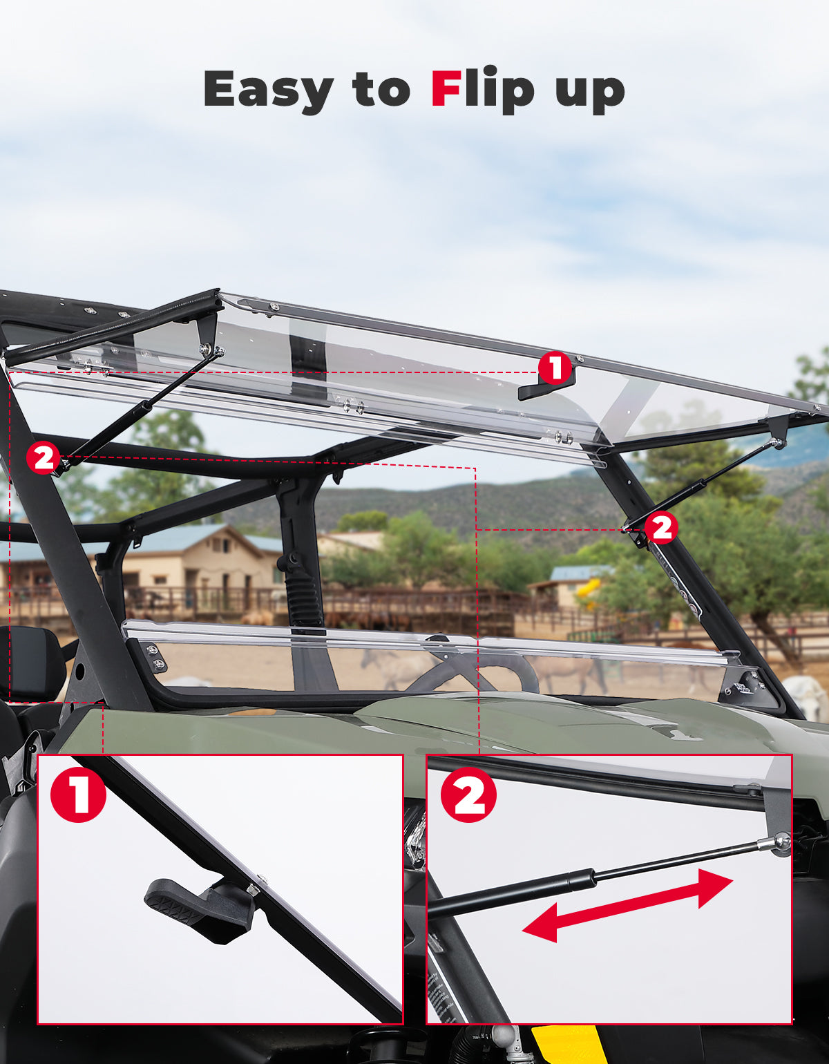 2-in-1 Flip Windshield 1/5" Thick Polycarbonate for Can-Am Defender HD5/8/10