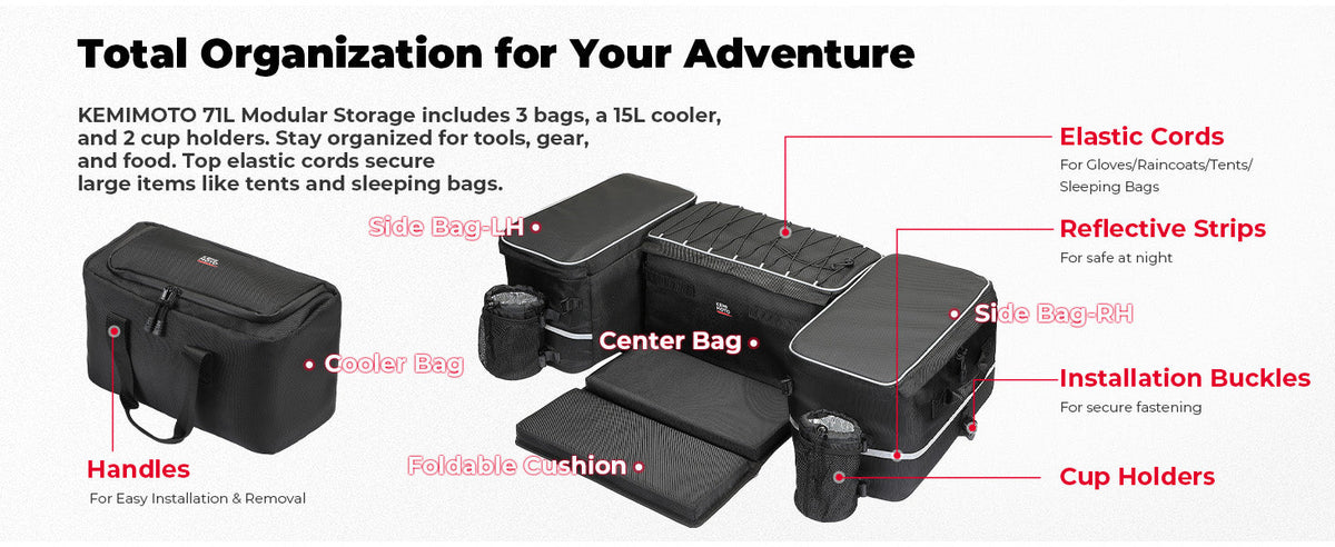 KEMIMOTO 71L ATV Rear Seat Storage Bag with Cooler & Removable Cushion for Polaris, Can-Am — manufacturer image 2