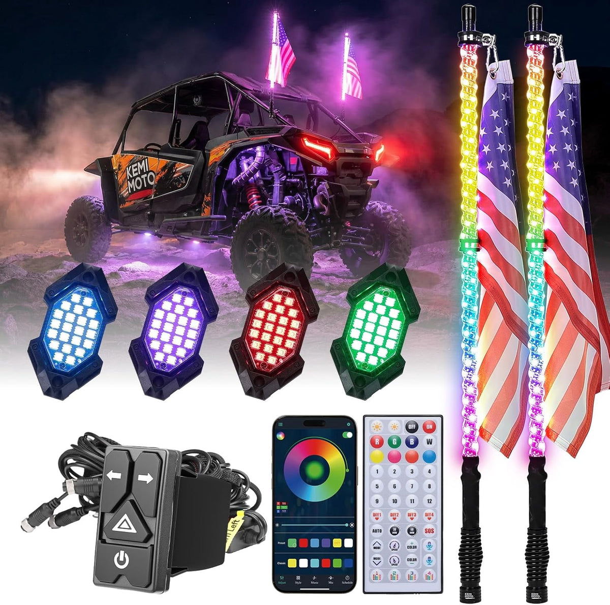 KEMIMOTO 3FT LED whip and rock light combo
