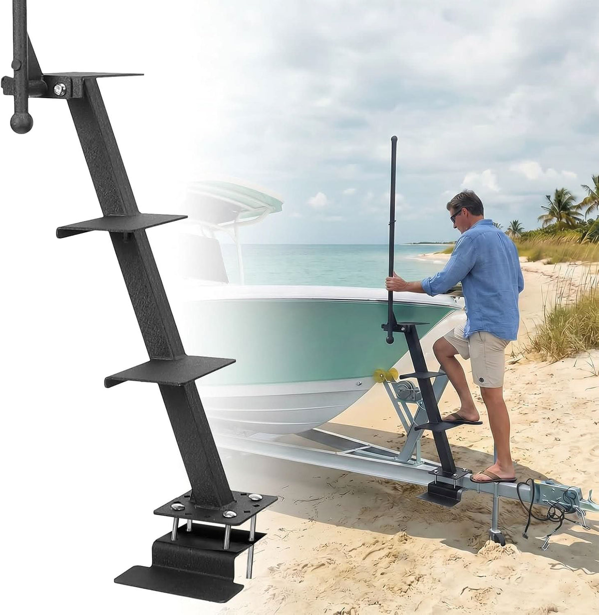 Boat Trailer 4-Step Boarding Ladder with Handrail for Bass Boat Pontoon and Aluminum Trailers