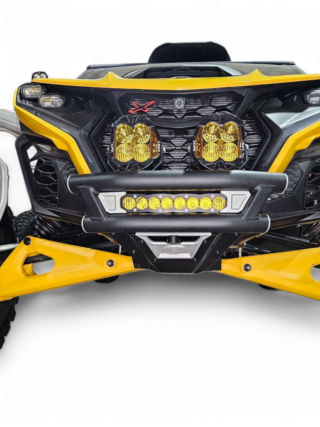 Elektric Offroad Amp front winch bumper FWB220010 installed on a Can-Am Maverick R, front view
