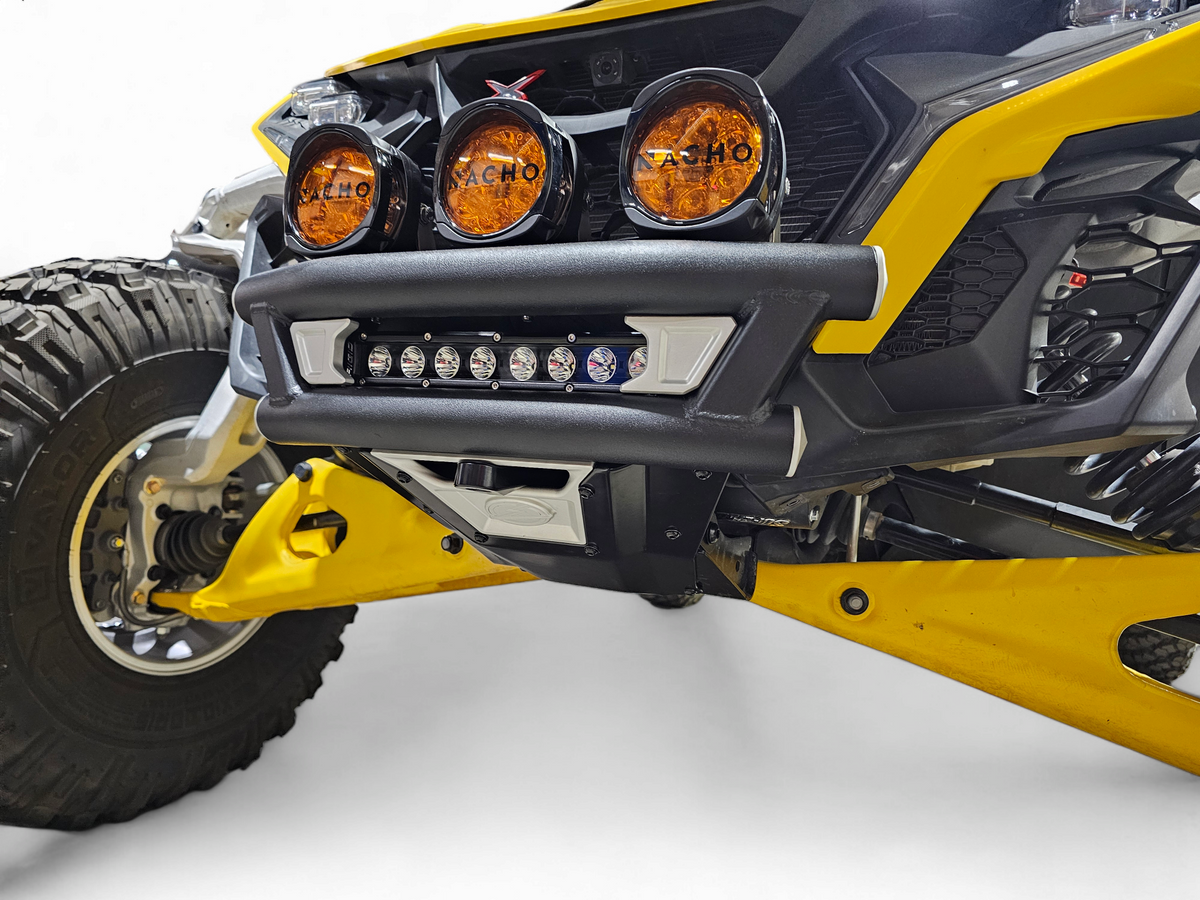 Elektric Offroad Amp front winch bumper FWB220010 on a Can-Am Maverick R, angled installed view
