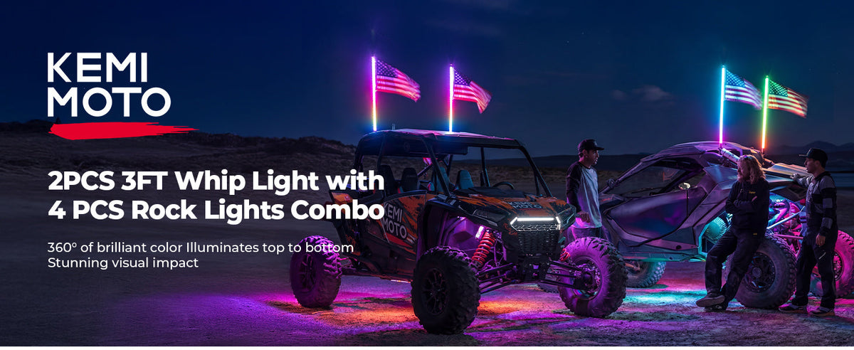 KEMIMOTO 3-foot LED whips and four RGB rock lights combo kit