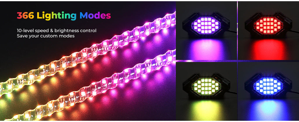 KEMIMOTO RGB rock lights and whip lights installed on a UTV