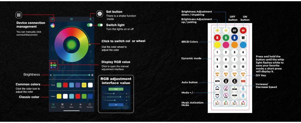 KEMIMOTO whip and rock light combo controls and lighting modes