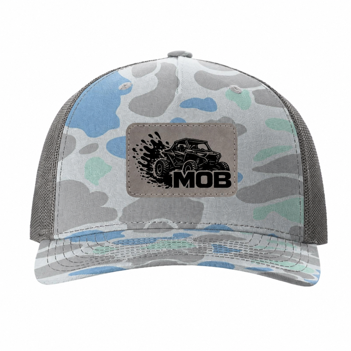 MOB Richardson camouflage trucker hat with gray logo patch