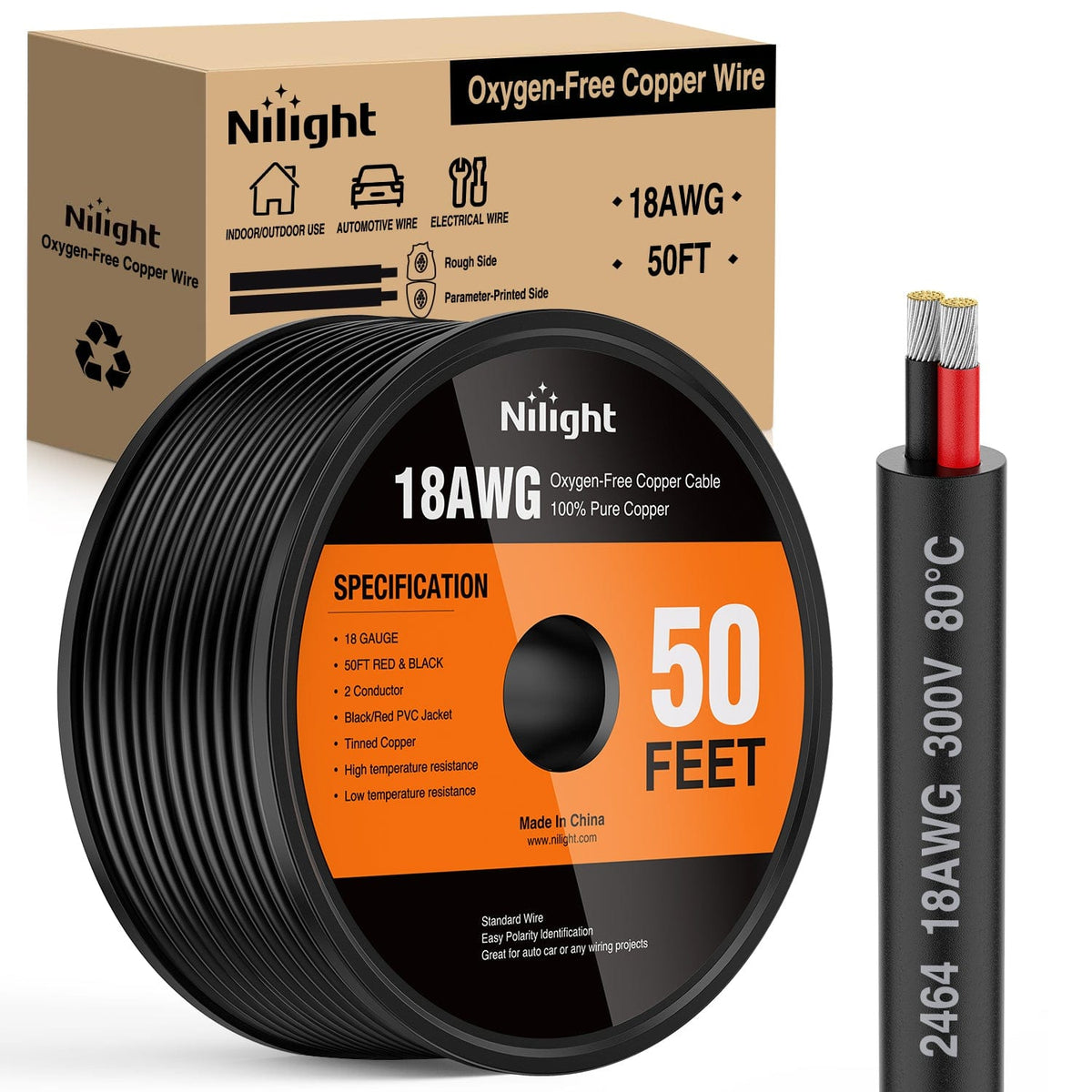 Nilight 10083W 50-foot 18 AWG two-conductor wire spool and packaging