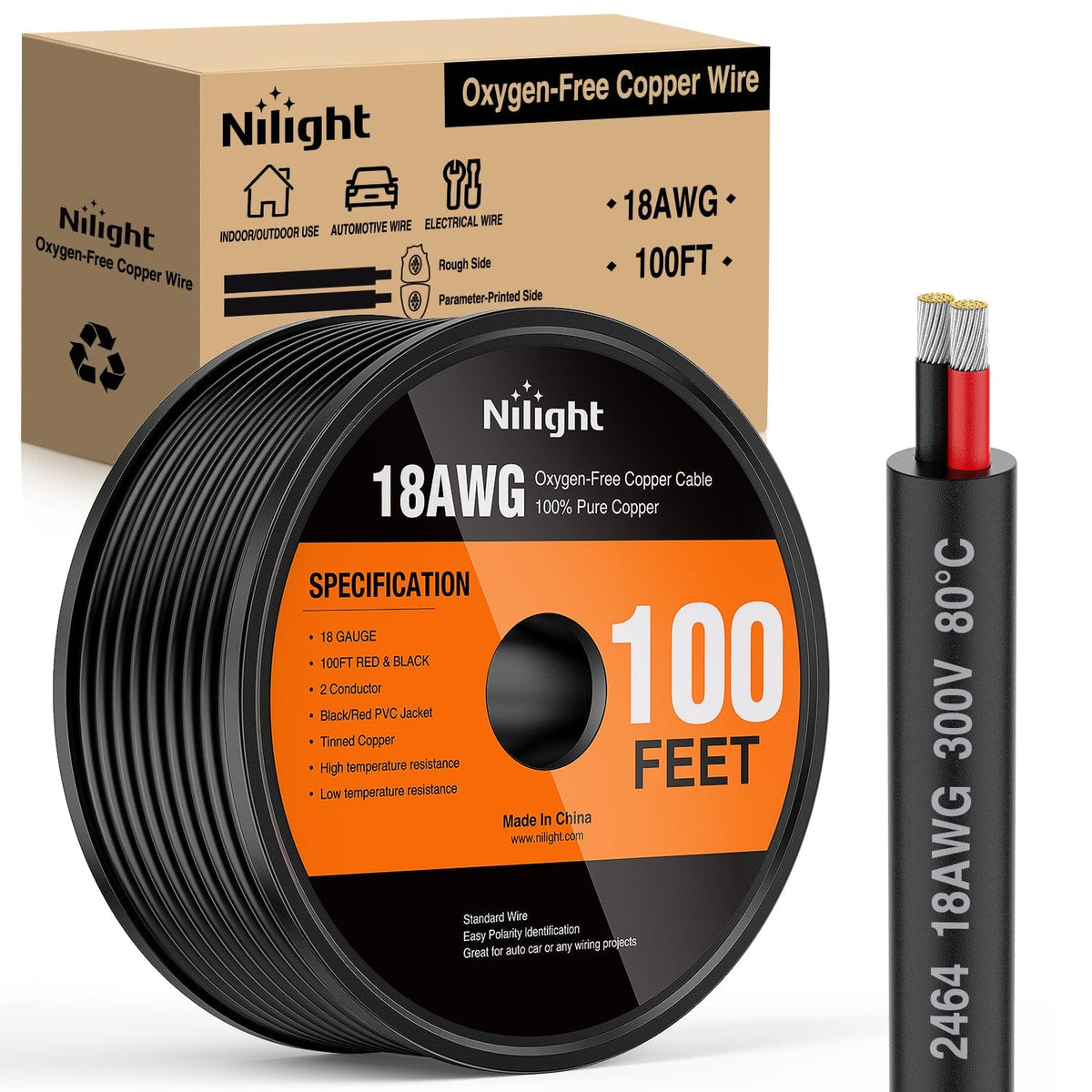 Nilight 10084W — 100FT 18AWG Oxygen-Free Copper Wire Red Black Electrical Wire Stranded PVC Cord 2 Conductor Parallel 300V DC Flexible Extension Cords