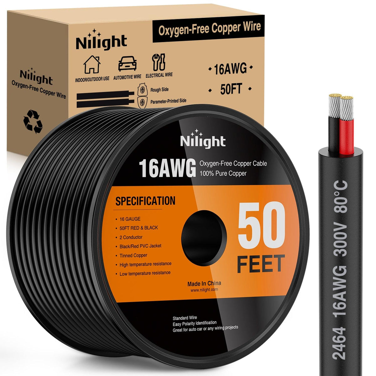 Nilight 10086W — 50FT 16AWG Oxygen-Free Copper Wire Red Black Electrical Wires Stranded PVC Cord 2 Conductor Parallel 300V DC Flexible Extension Cords