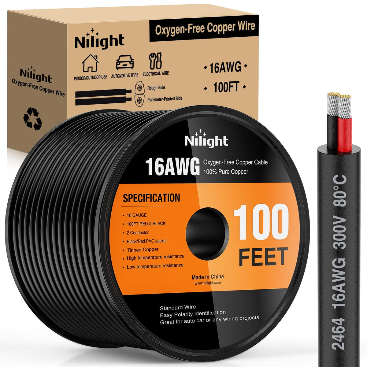 Nilight 10087W — 100FT 16AWG Oxygen-Free Copper Wire Red Black Electrical Wires Stranded PVC Cord 2 Conductor Parallel 300V DC Flexible Extension Cords