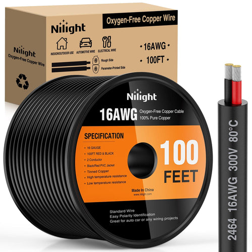 Nilight 10087W — 100FT 16AWG Oxygen-Free Copper Wire Red Black Electrical Wires Stranded PVC Cord 2 Conductor Parallel 300V DC Flexible Extension Cords