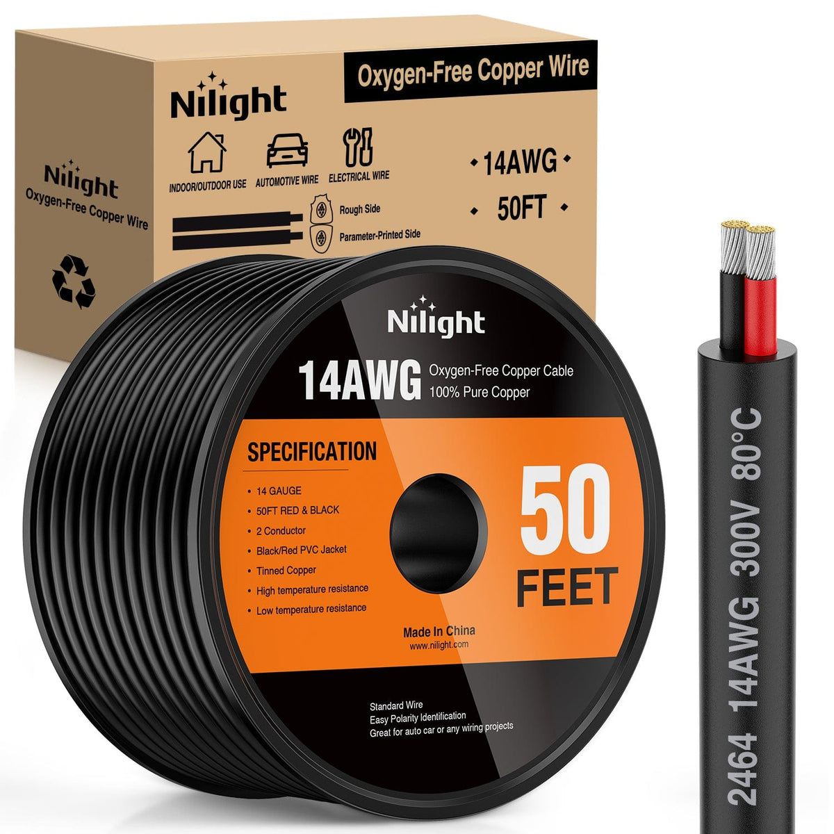 Nilight 50-Foot 14 AWG Two-Conductor Copper Wire