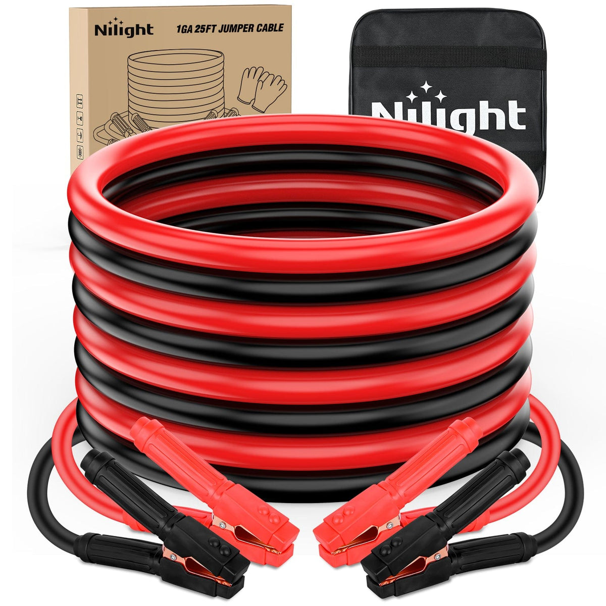 Nilight 1-Gauge 25-Foot Jumper Cables with Storage Bag