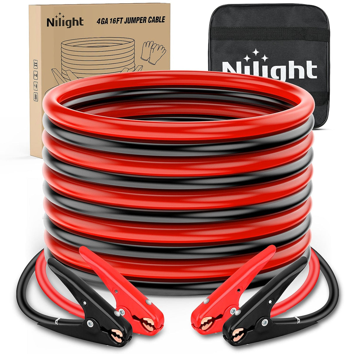 Nilight 10159W — Jumper Cables for Car Battery 4 Gauge 25 FT Booster Cable Heavy Duty 600 A CCA with Carrying Bag Jump Start Emergency Kit