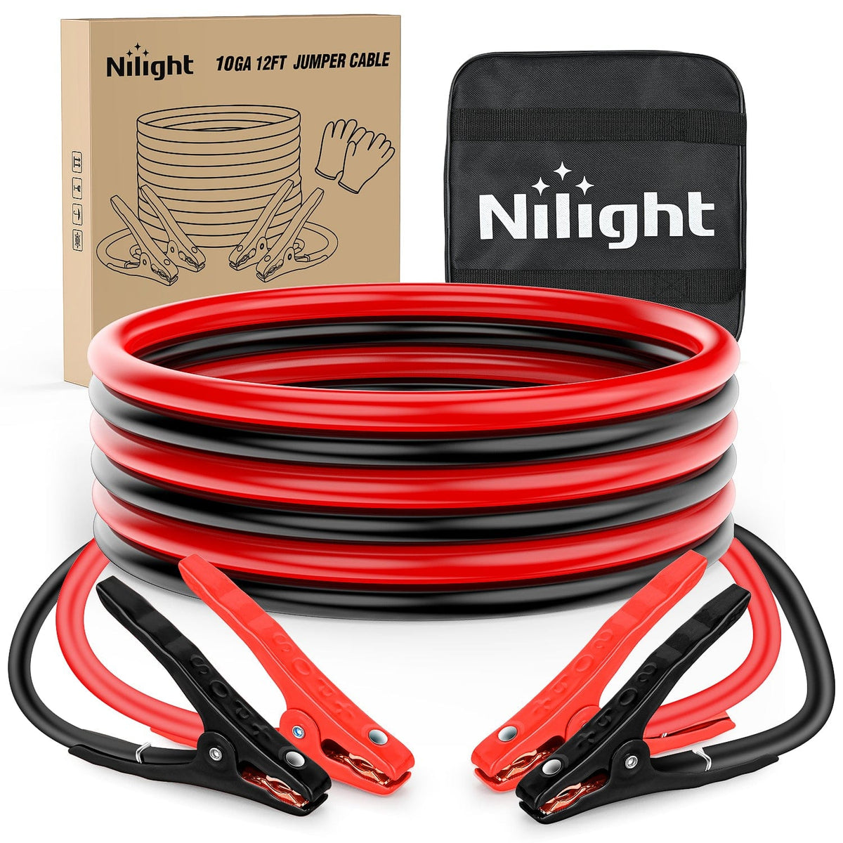 Nilight 10164W — Jumper Cables for Car Battery 10 Gauge 12 FT Booster Cable Heavy Duty 200 A CCA with Carrying Bag Jump Start Emergency Kit