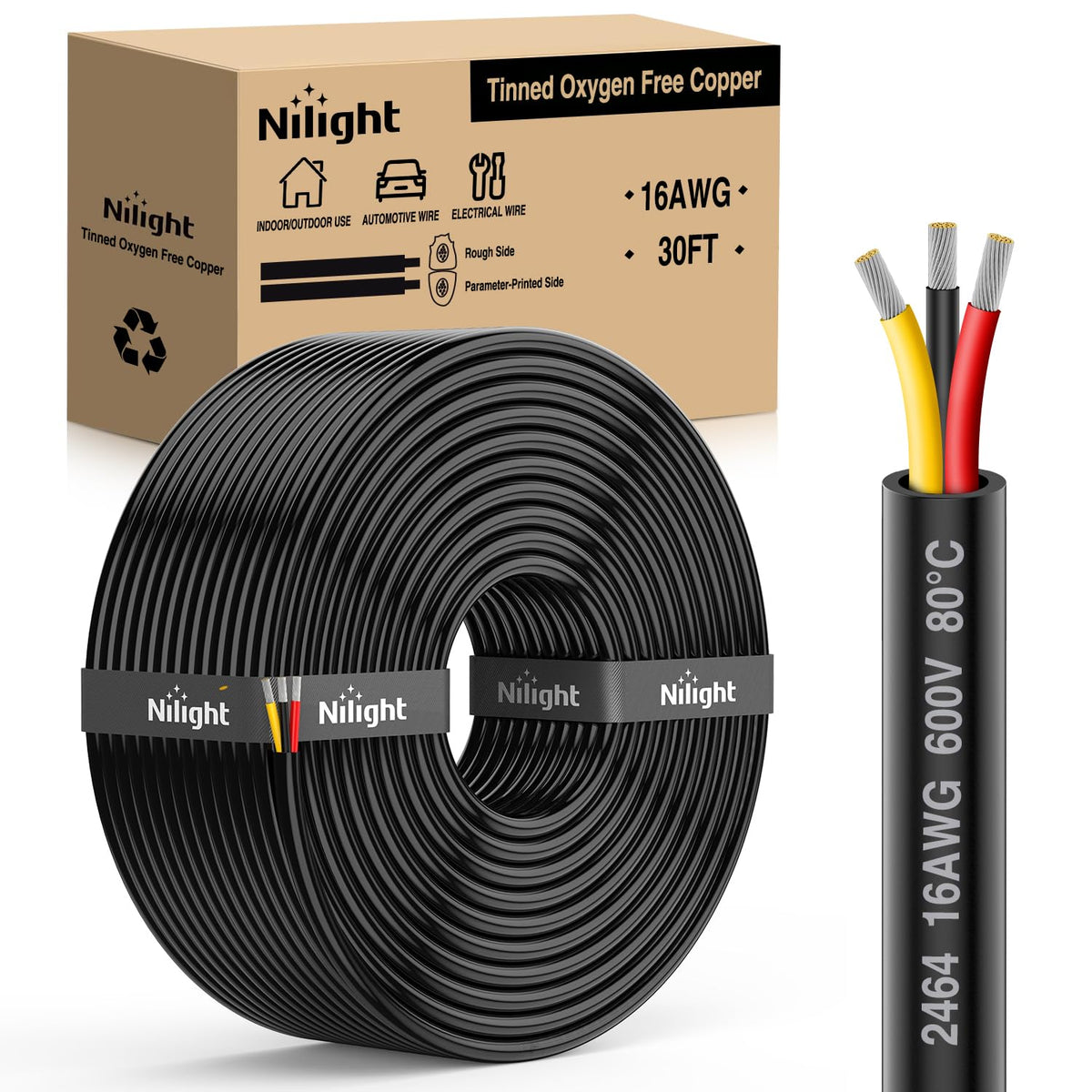 Nilight 10322W — 30FT 16 Gauge 3 Conductor Electrical Wire Tinned Oxygen Free Copper Red Black Yellow 3 Wires Parallel 600V DC Flexible PVC Case Extension Cords
