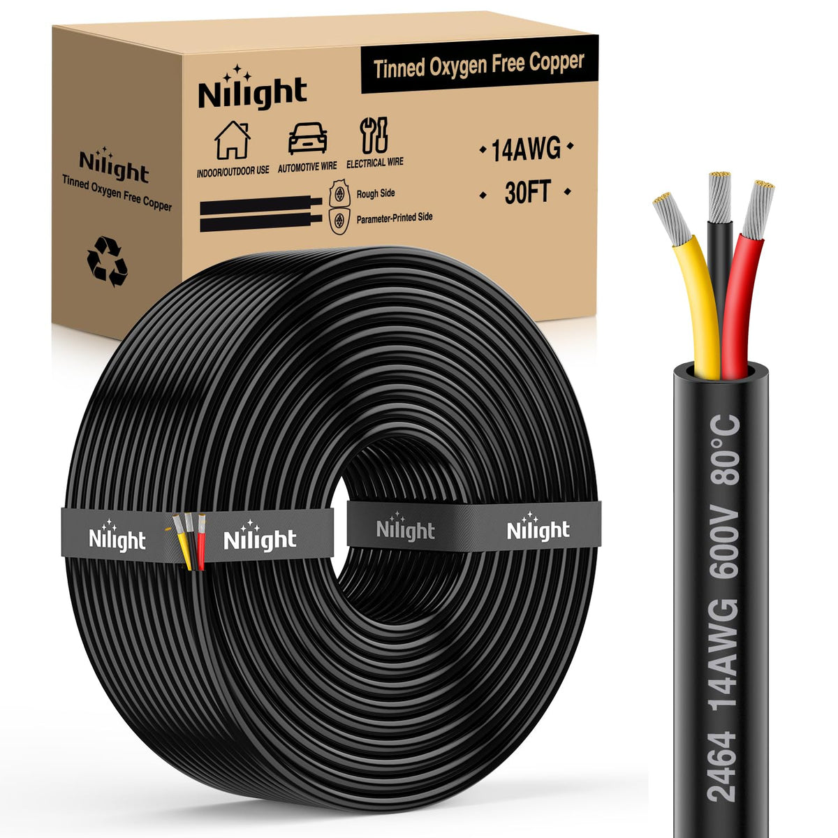 Nilight 10323W — 30FT 14 Gauge 3 Conductor Electrical Wire Tinned Oxygen Free Copper Red Black Yellow 3 Wires Parallel 600V DC Flexible PVC Case Extension Cords