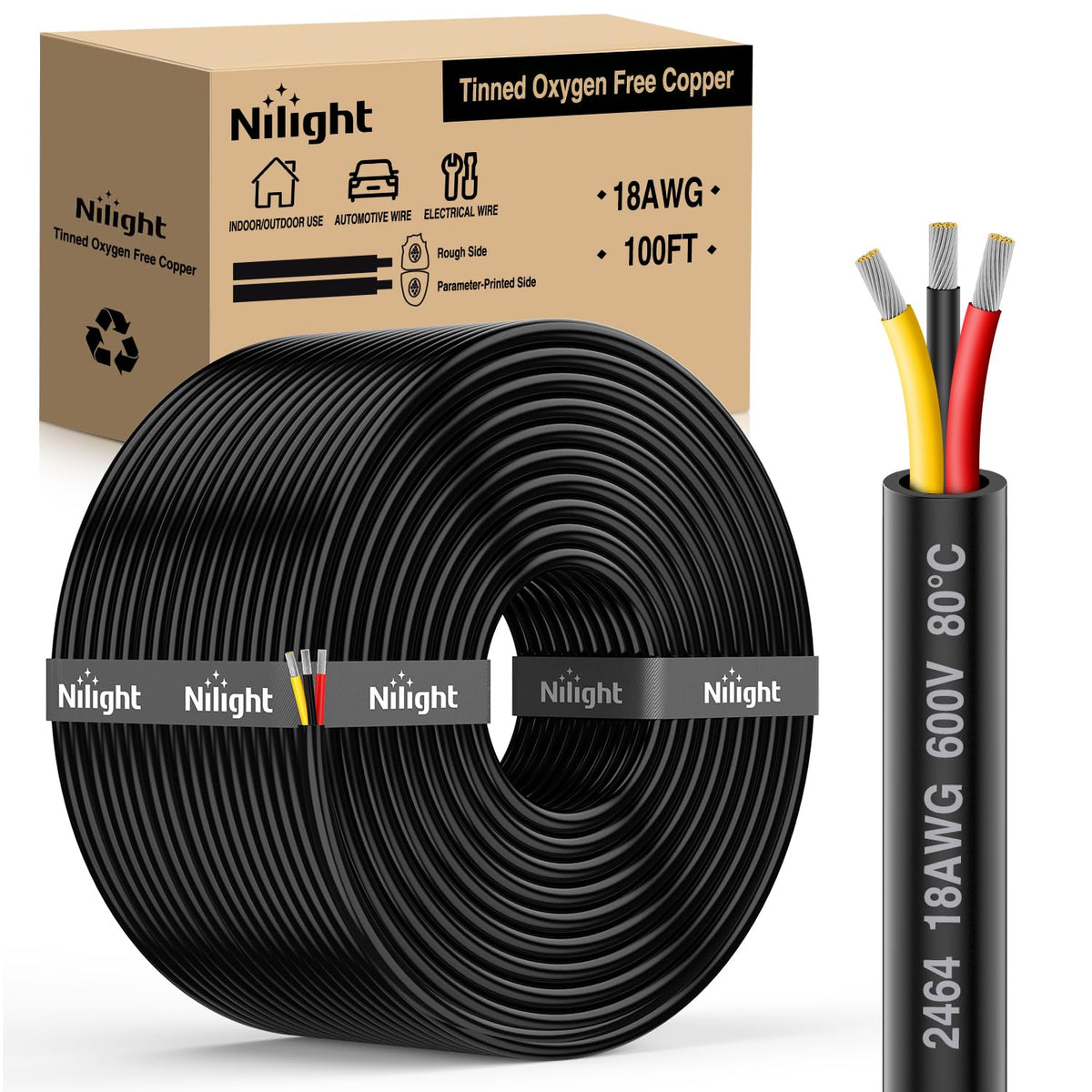 Nilight 10329W — 100FT 18 Gauge 3 Conductor Electrical Wire Tinned Oxygen Free Copper Red Black Yellow 3 Wires Parallel 600V DC Flexible PVC Case Extension Cords
