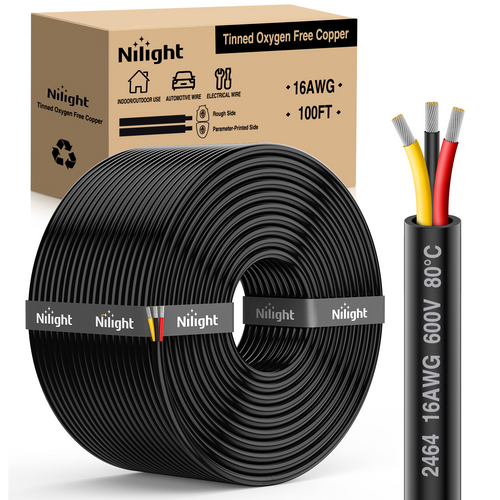 Nilight 10330W — 100FT 16 Gauge 3 Conductor Electrical Wire Tinned Oxygen Free Copper Red Black Yellow 3 Wires Parallel 600V DC Flexible PVC Case Extension Cords