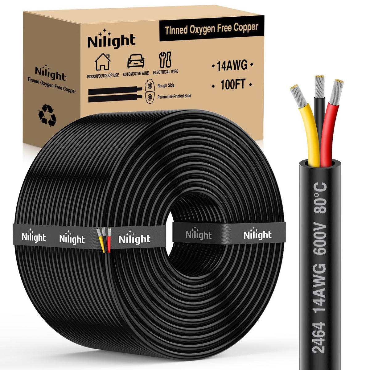 Nilight 10331W — 100FT 14 Gauge 3 Conductor Electrical Wire Tinned Oxygen Free Copper Red Black Yellow 3 Wires Parallel 600V DC Flexible PVC Case Extension Cords