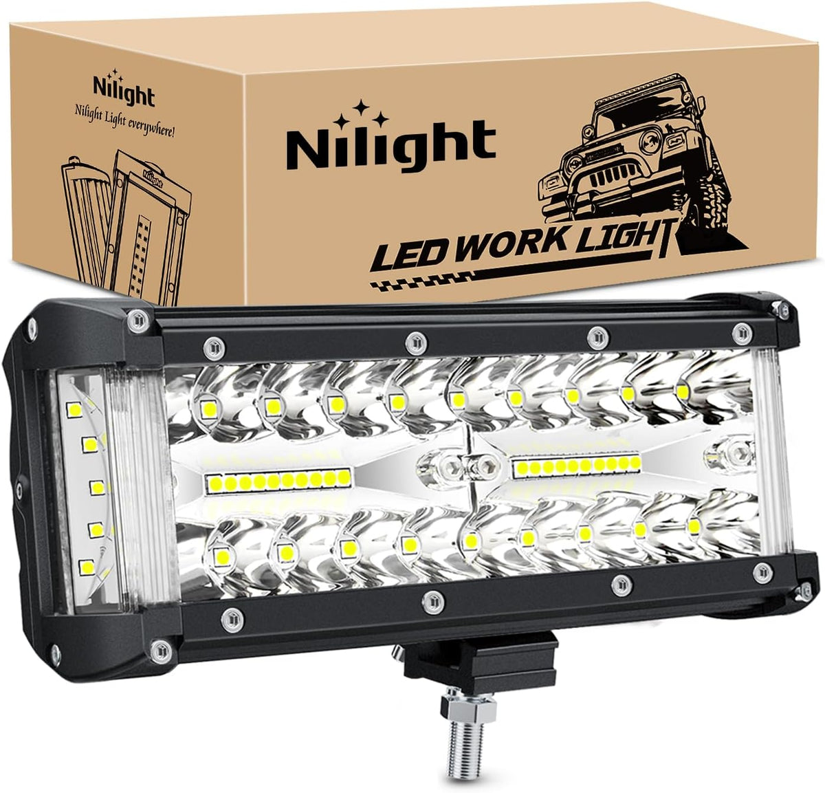 Nilight 19002C-A — Side Shooter Light Bar 7 Inch Triple Row Spot Flood Combo Work Off Road Lighting