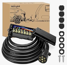 Heavy Duty 7 Way Inline Trailer Plug with 7 Gang Junction Box - 16 Feet Trailer Connector Cable Wiring Harness with Weatherproof Junction Box