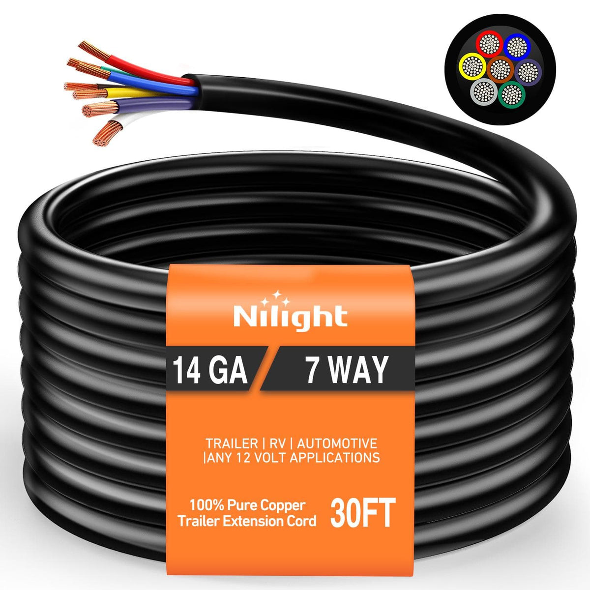 Nilight 51113TR — 30 Feet 7 Way Trailer Extension Cable Traditional SAE 14 Gauge 7 Conductor 100% Pure Copper Wire Insulated Heavy Duty Cord
