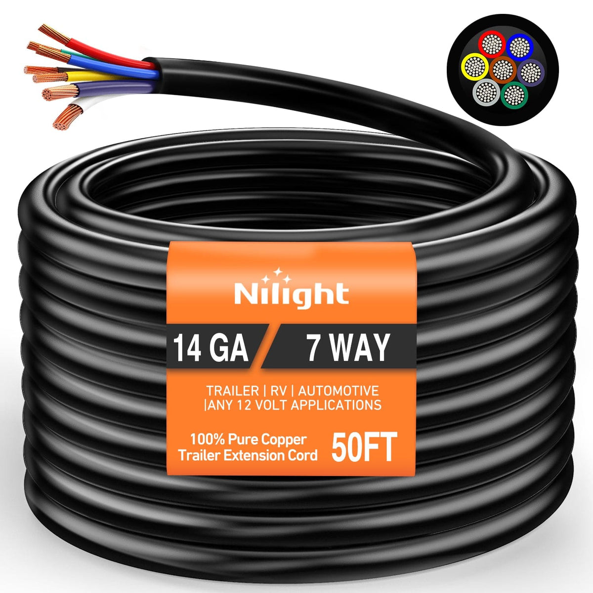 Nilight 51114TR — 50 Feet 7 Way Trailer Extension Cable Traditional SAE 14 Gauge 7 Conductor 100% Pure Copper Wire Insulated Heavy Duty Cord