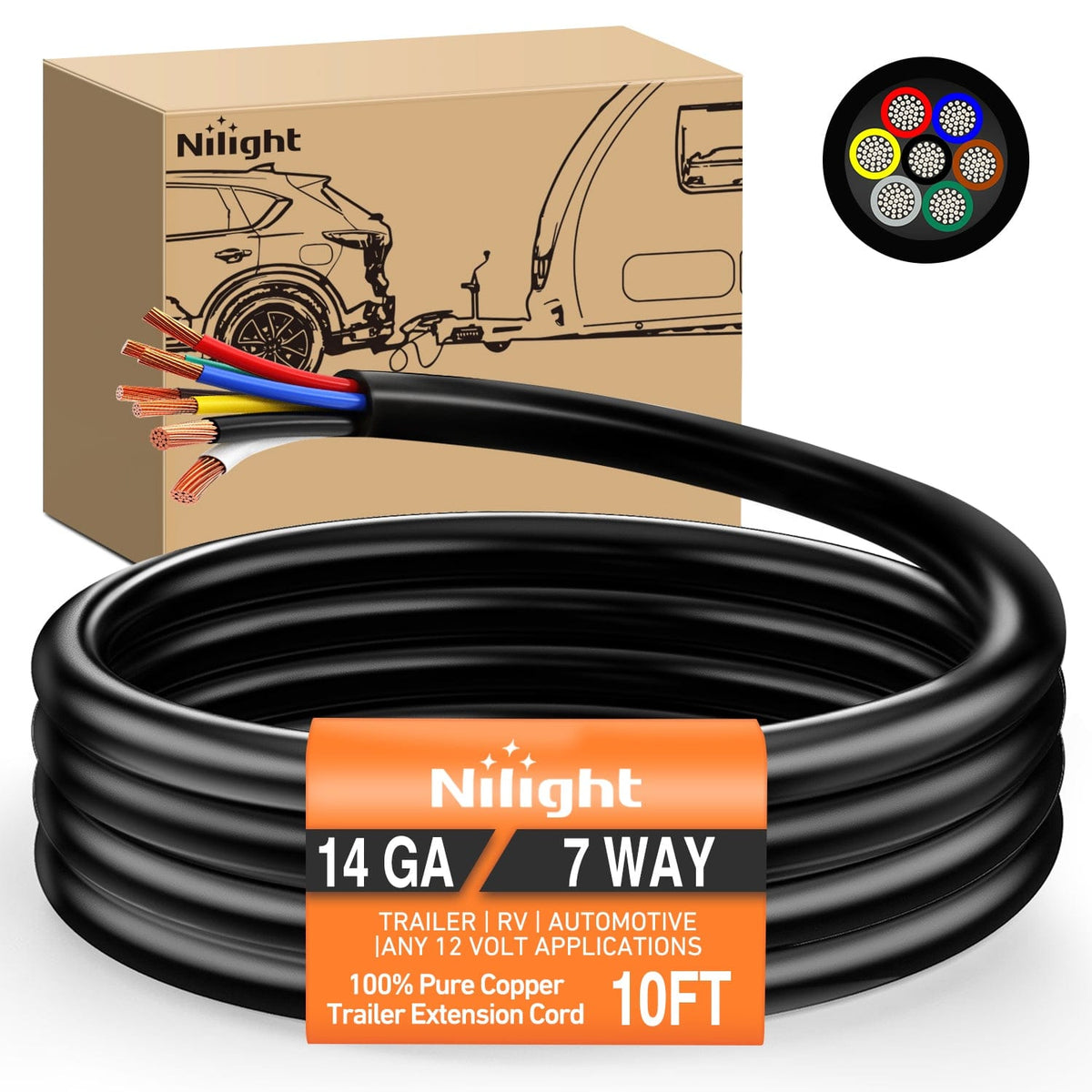 Nilight 51116TR — 10 Feet 7 Way Trailer Extension Cable RV Standard Wire 14 Gauge 7 Conductor 100% Pure Copper Insulated Heavy Duty Cord