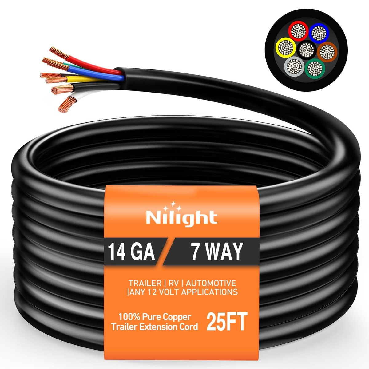 Nilight 51118TR — 25 Feet 7 Way Trailer Extension Cable RV Standard Wire 14 Gauge 7 Conductor 100% Pure Copper Insulated Heavy Duty Cord
