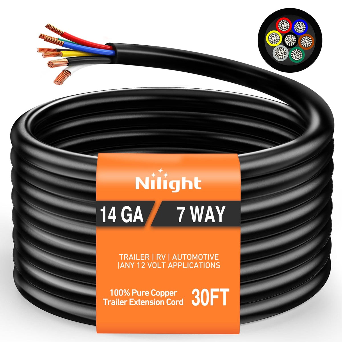 Nilight 51119TR — 30 Feet 7 Way Trailer Extension Cable RV Standard Wire 14 Gauge 7 Conductor 100% Pure Copper Insulated Heavy Duty Cord