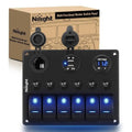 Nilight 90016F — 1PC 6 Gang Toggle Rocker Switch Panel with Digital Voltmeter and Cigarette Socket Double USB Power Charger Adapter