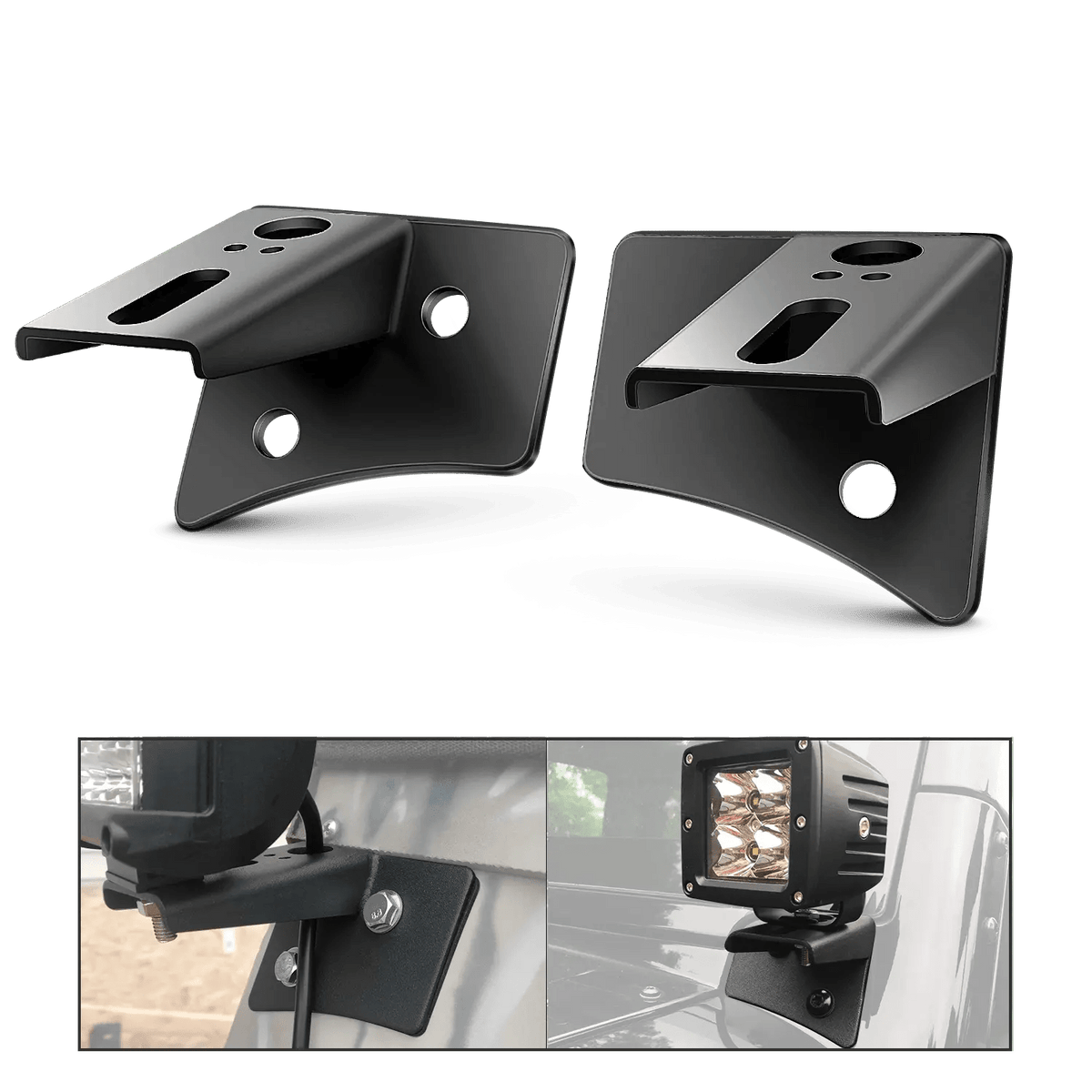 Nilight A-Pillar Light Mounts for 2007–2017 Jeep Wrangler JK (Pair); manufacturer product and installation views