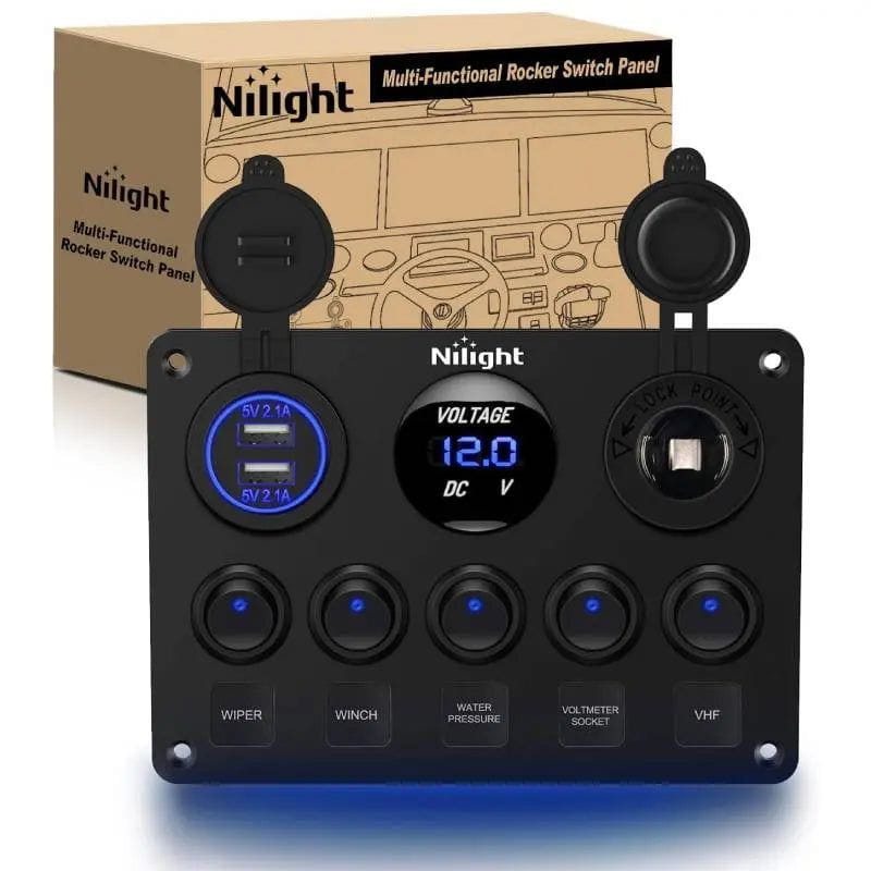 Nilight 90101E — 5 Gang Multi Function Rocker Switch Blue Backlit pre-wired Switch Panel (Blue)