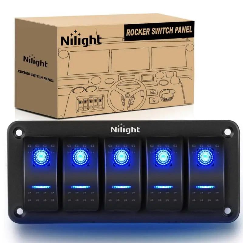 Nilight 90110E — 5 Gang Rocker Switch Aluminum Panel Toggle Dash 5 Pin ON/Off Pre-Wired Switches Rocker Switch Panel (Blue)