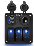 4 in 1 Charger Socket Panel Dual QC3.0 USB Charger with LED Voltmeter Display and Cigarette Lighter Socket and Power Cutoff Switch - Nilight 90114C