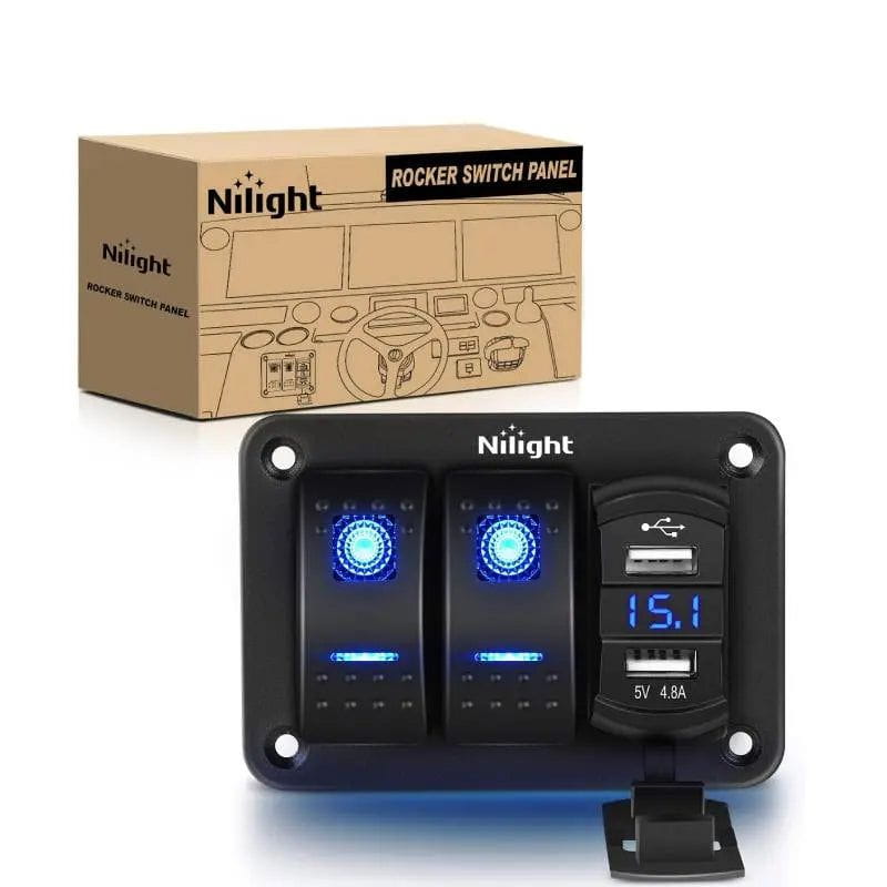 Nilight 90116C — 2 Gang Rocker Switch Panel with Dual USB Charger Voltmeter Panel
