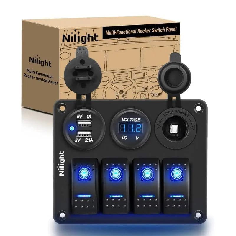 Nilight 90117G — 4 Gang Rocker Pre-Wired Aluminum Switch Panel kit (Blue)