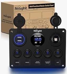 1PC 6 Gang Toggle Rocker Switch Panel with Digital Voltmeter and Cigarette Socket Double USB Power Charger Adapter (Red) - Nilight 90122F