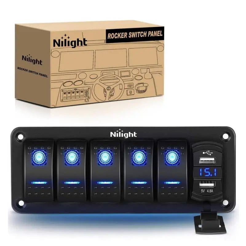Nilight 90163F — 5 Gang Rocker Switch Panel with 4.8 Amp Dual USB Charger Voltmeter