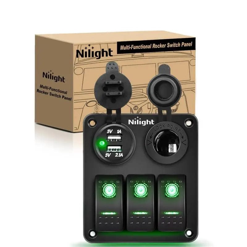 Nilight 90169B — 3 Gang Rocker Switch Panel Waterproof Pre-Wired Aluminum Switch Panel (Green)