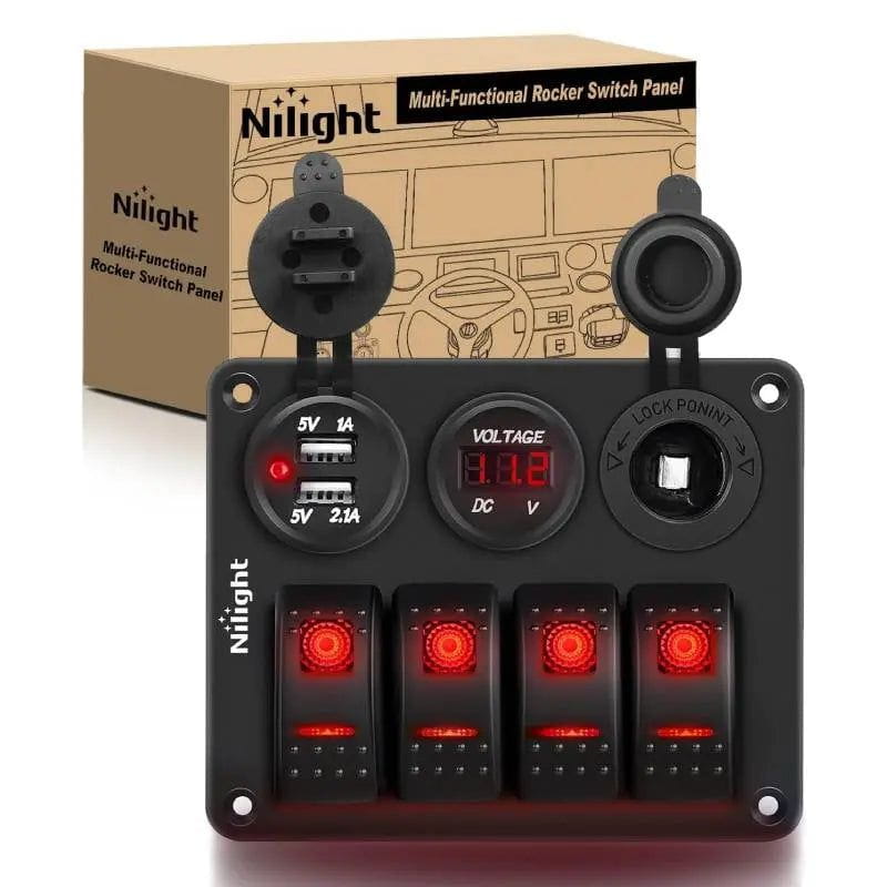 Nilight 90170B — 4 Gang Rocker Pre-Wired Aluminum Switch Panel kit (Red)