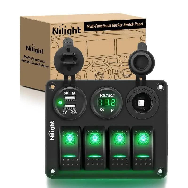 Nilight 90171B — 4 Gang Rocker Pre-Wired Aluminum Switch Panel kit (Green)
