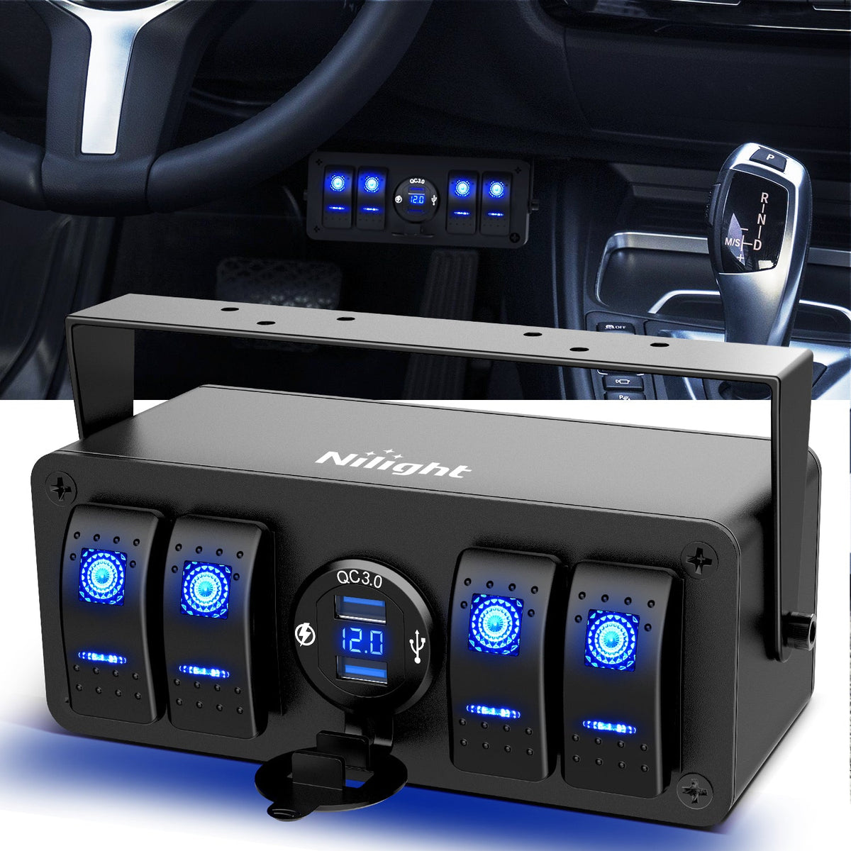 Nilight 90179E — 4 Gang Rocker Switch Box 12V SPST ON Off Switch QC 3.0 USB Charger Voltmeter Waterproof Aluminum Rocker Switch