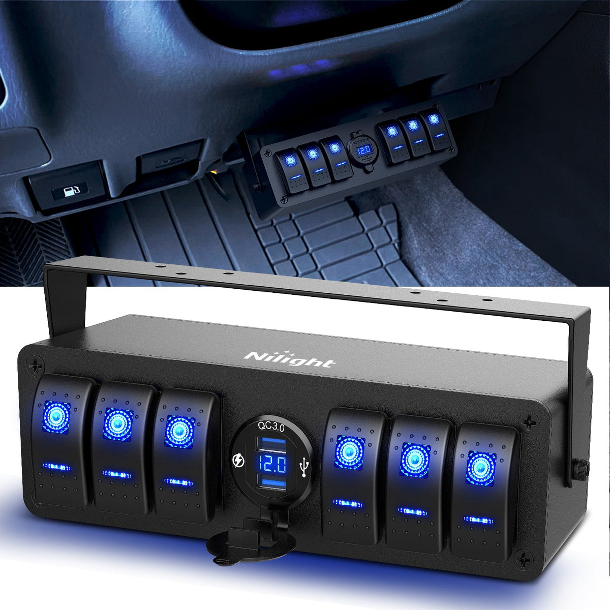 Nilight 90180G — 6 Gang Rocker Switch Box 12V SPST ON Off Switch QC 3.0 USB Charger Voltmeter Waterproof Aluminum Rocker Switch